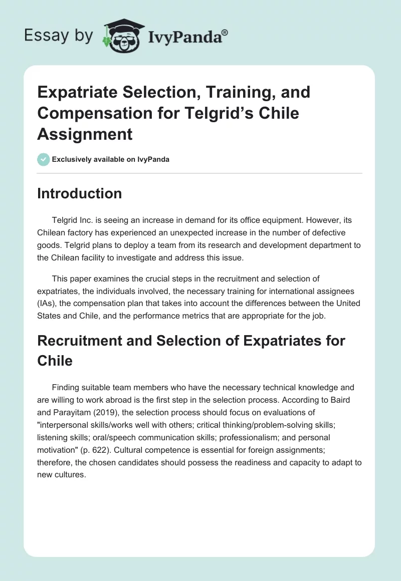 Expatriate Selection, Training, and Compensation for Telgrid’s Chile Assignment. Page 1