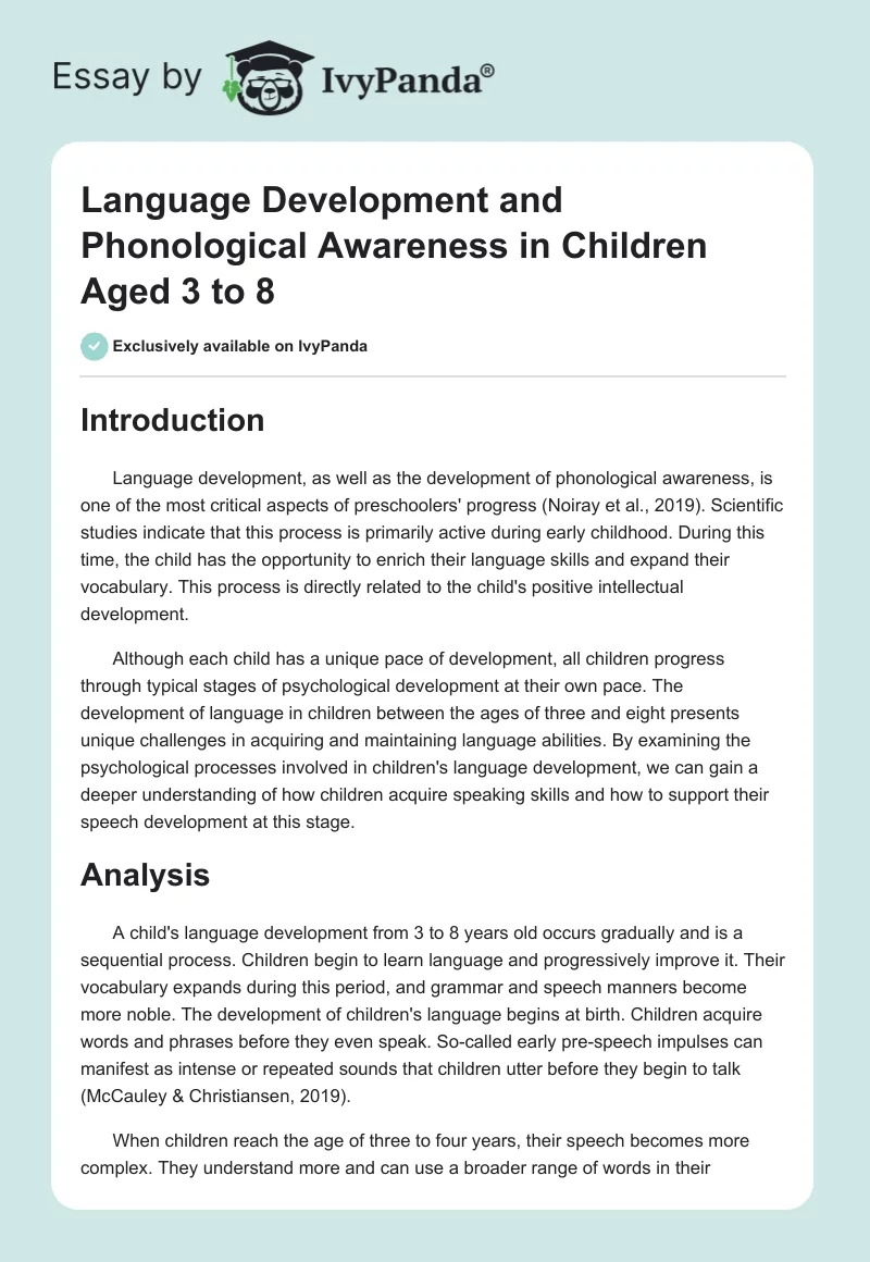 Language Development and Phonological Awareness in Children Aged 3 to 8. Page 1