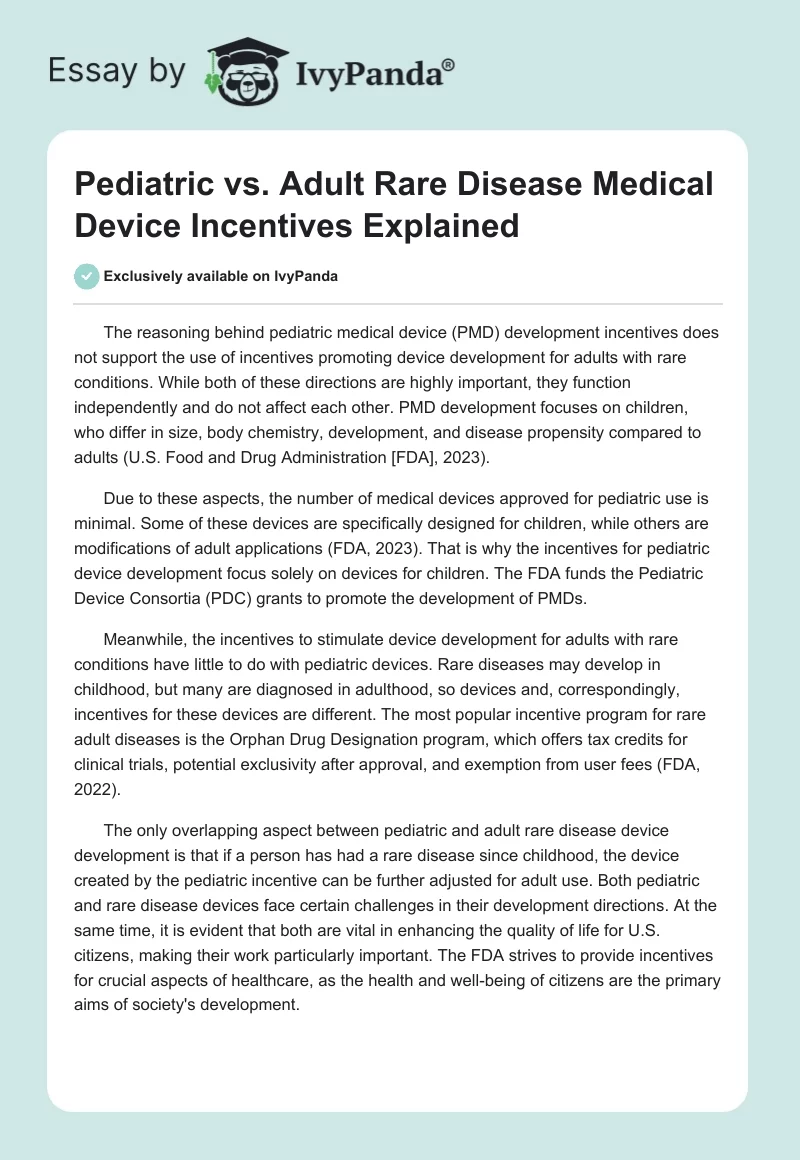Pediatric vs. Adult Rare Disease Medical Device Incentives Explained. Page 1