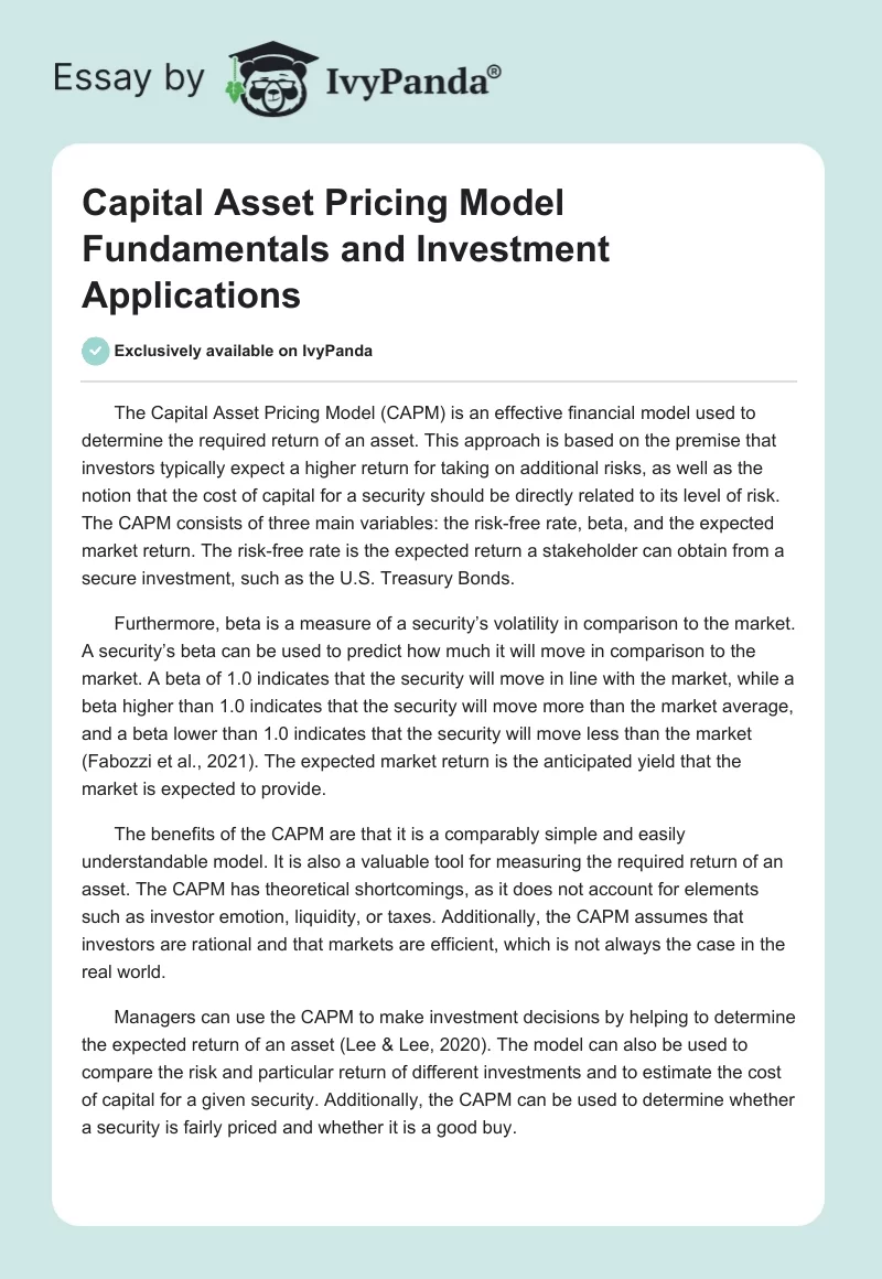 Capital Asset Pricing Model Fundamentals and Investment Applications. Page 1