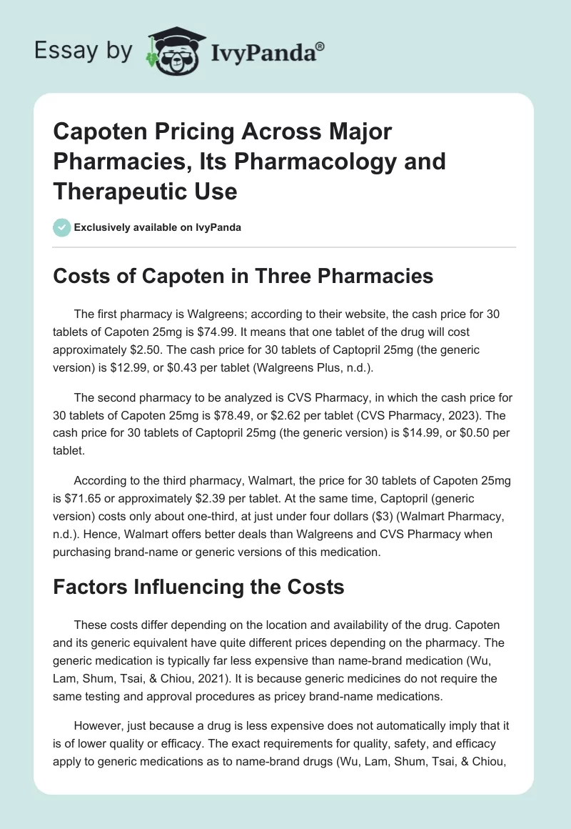 Capoten Pricing Across Major Pharmacies, Its Pharmacology and Therapeutic Use. Page 1