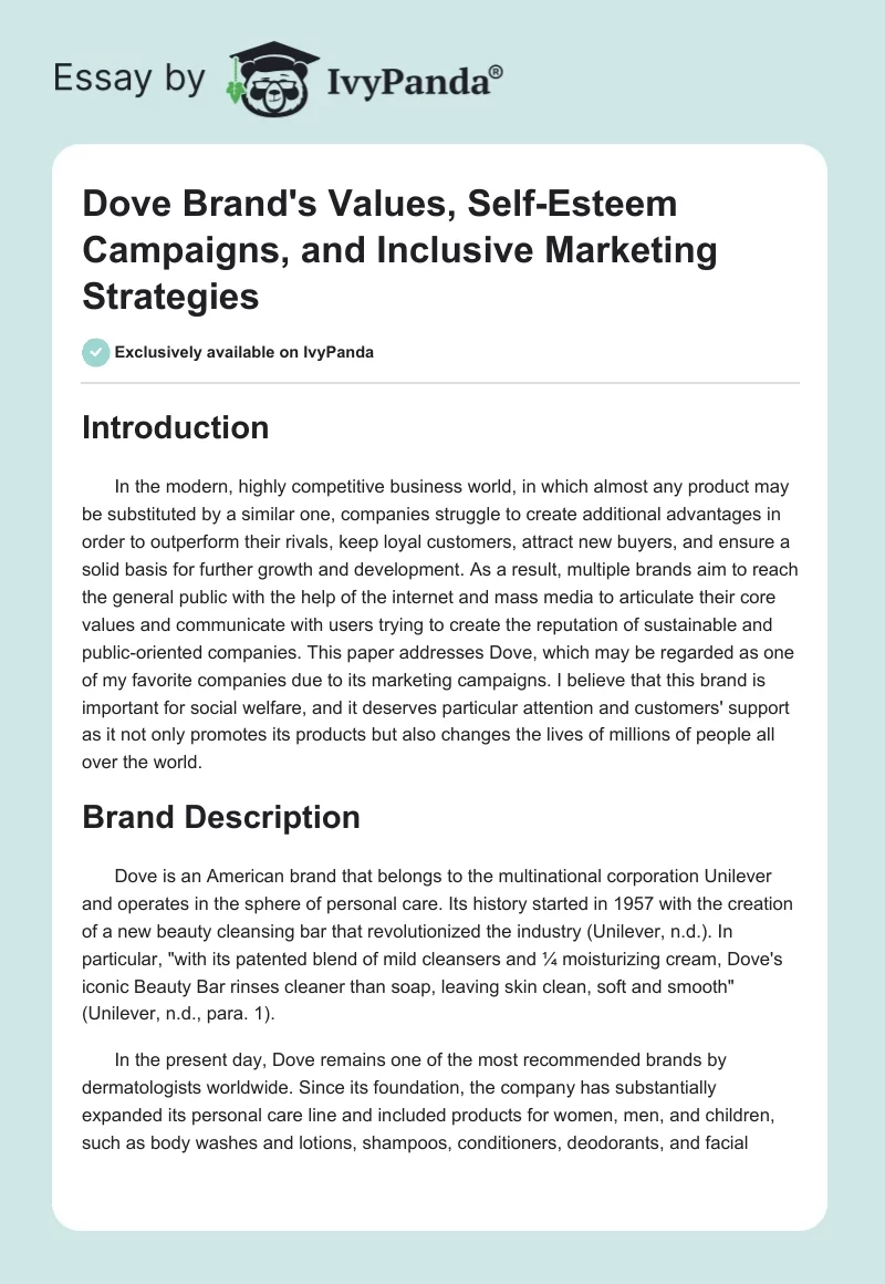 Dove Brand's Values, Self-Esteem Campaigns, and Inclusive Marketing Strategies. Page 1