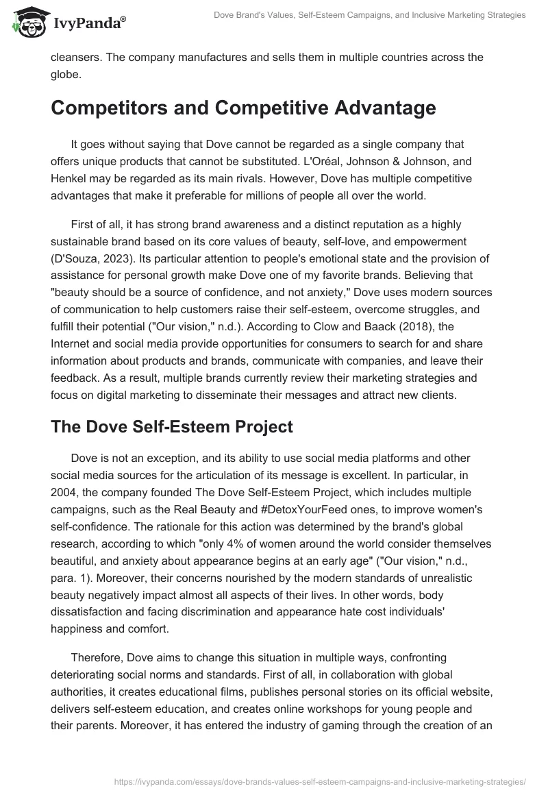 Dove Brand's Values, Self-Esteem Campaigns, and Inclusive Marketing Strategies. Page 2
