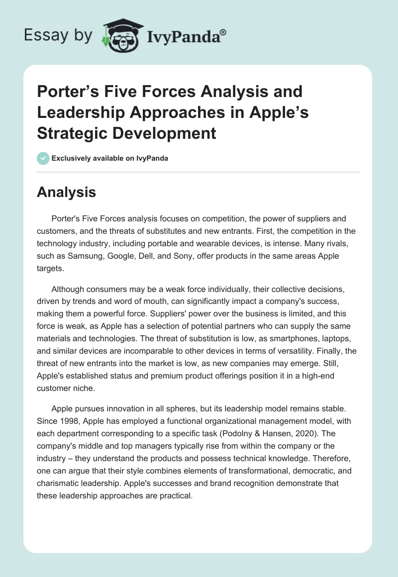 Porter’s Five Forces Analysis and Leadership Approaches in Apple’s Strategic Development. Page 1