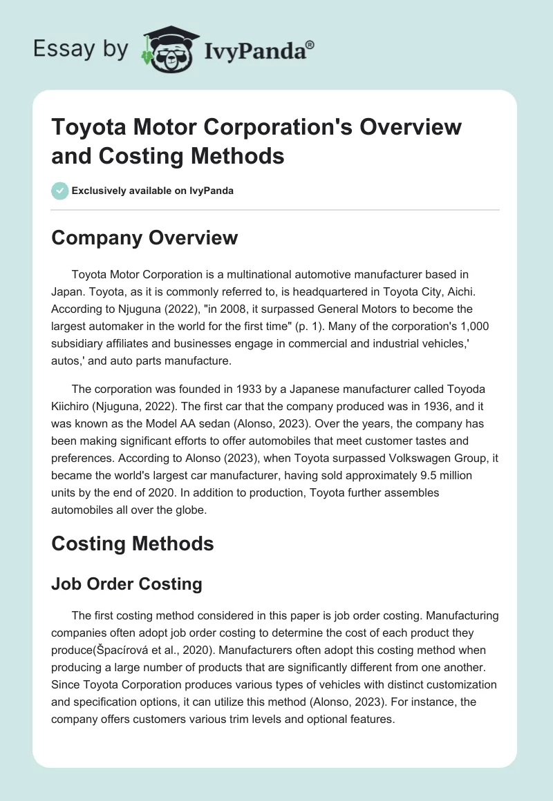 Toyota Motor Corporation's Overview and Costing Methods. Page 1