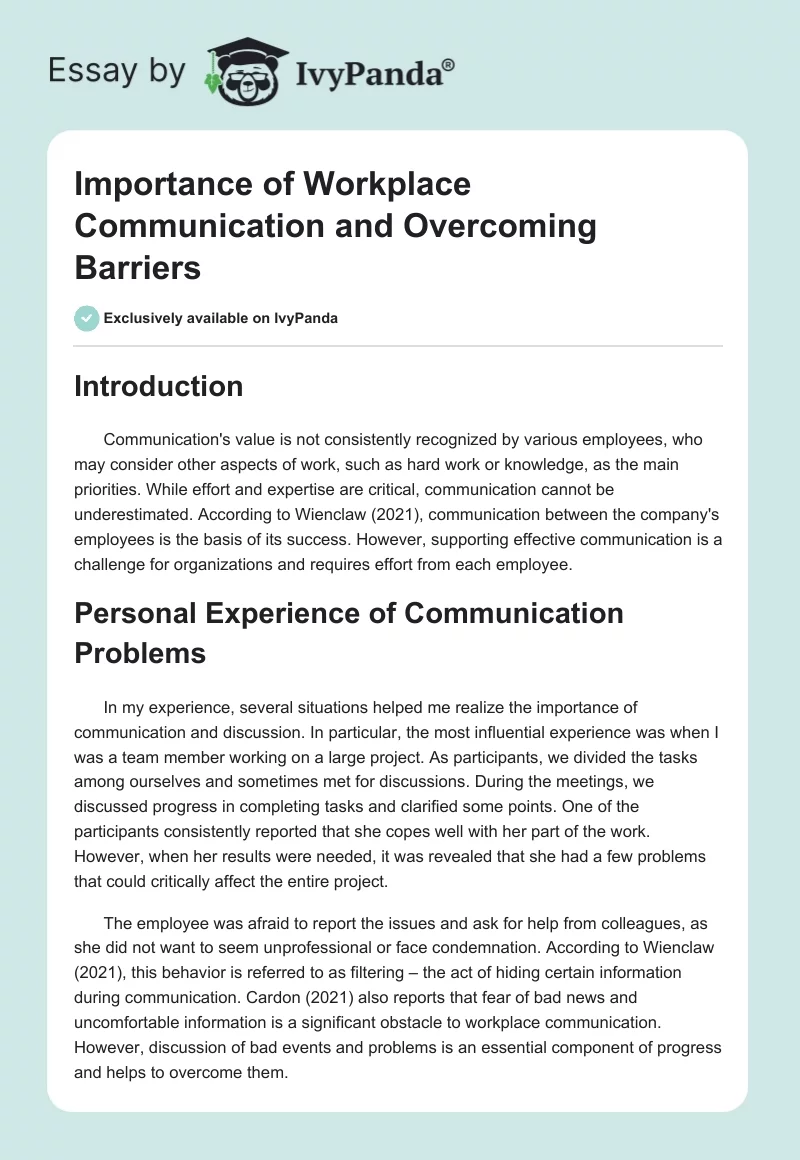 Importance of Workplace Communication and Overcoming Barriers. Page 1