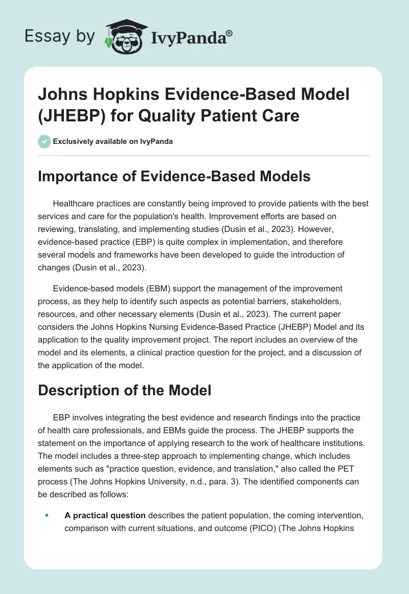 Johns Hopkins Evidence-Based Model (JHEBP) for Quality Patient Care. Page 1