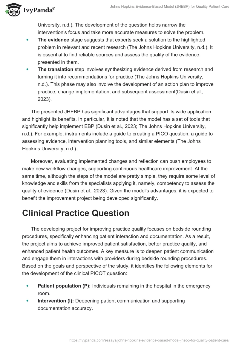 Johns Hopkins Evidence-Based Model (JHEBP) for Quality Patient Care. Page 2