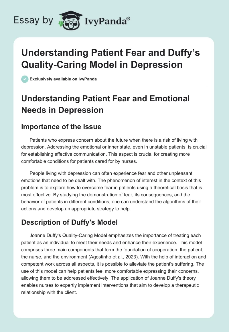 Understanding Patient Fear and Duffy’s Quality-Caring Model in Depression. Page 1