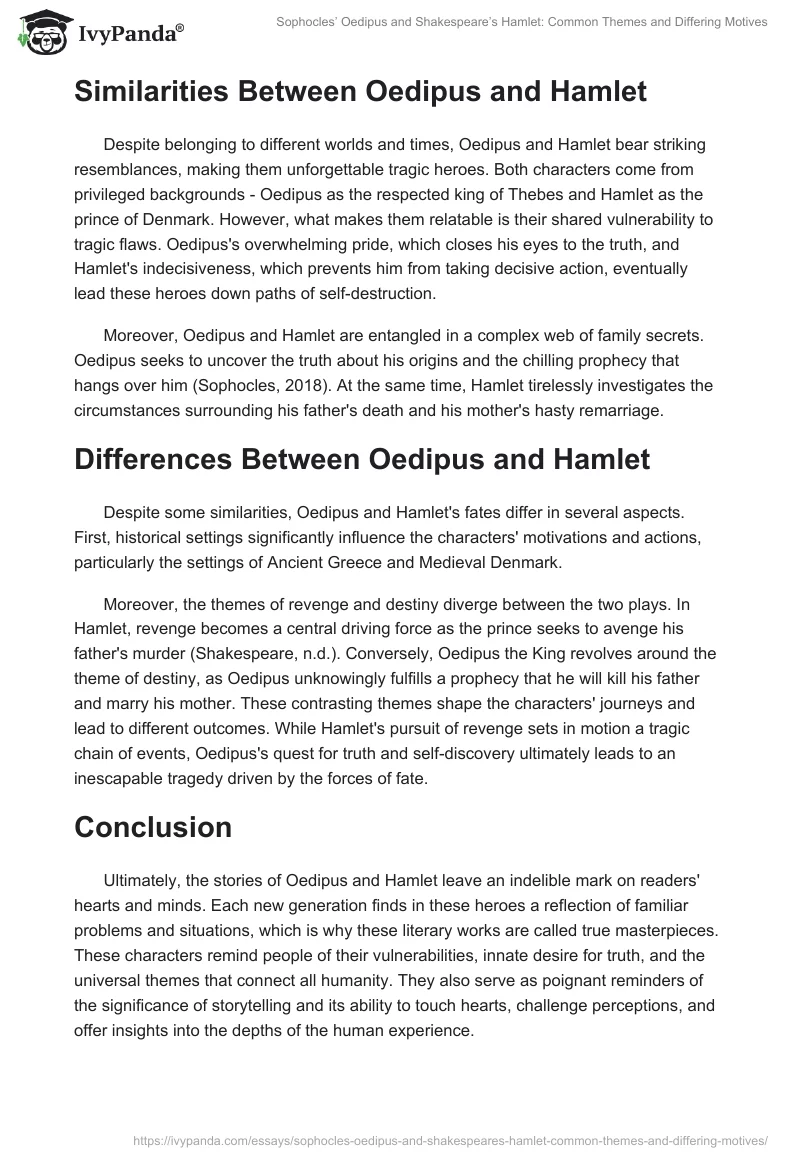 Sophocles’ Oedipus and Shakespeare’s Hamlet: Common Themes and Differing Motives. Page 2