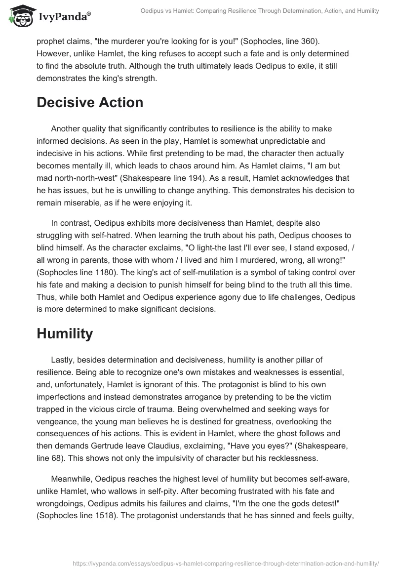 Oedipus vs Hamlet: Comparing Resilience Through Determination, Action, and Humility. Page 2