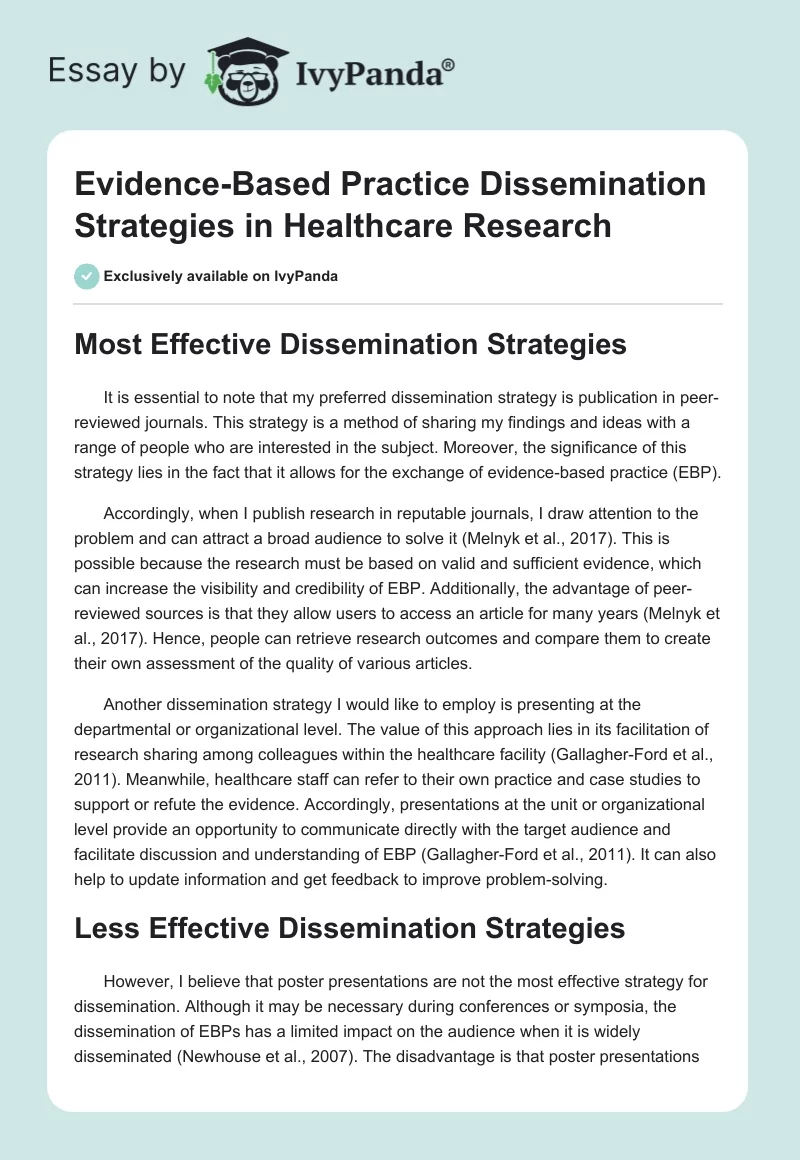 Evidence-Based Practice Dissemination Strategies in Healthcare Research. Page 1