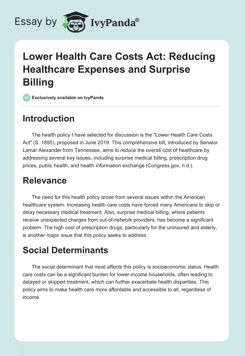 Lower Health Care Costs Act: Reducing Healthcare Expenses and Surprise Billing. Page 1