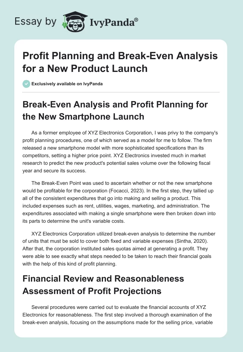 Profit Planning and Break-Even Analysis for a New Product Launch. Page 1