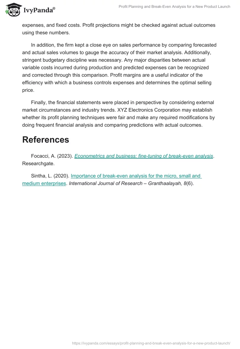 Profit Planning and Break-Even Analysis for a New Product Launch. Page 2