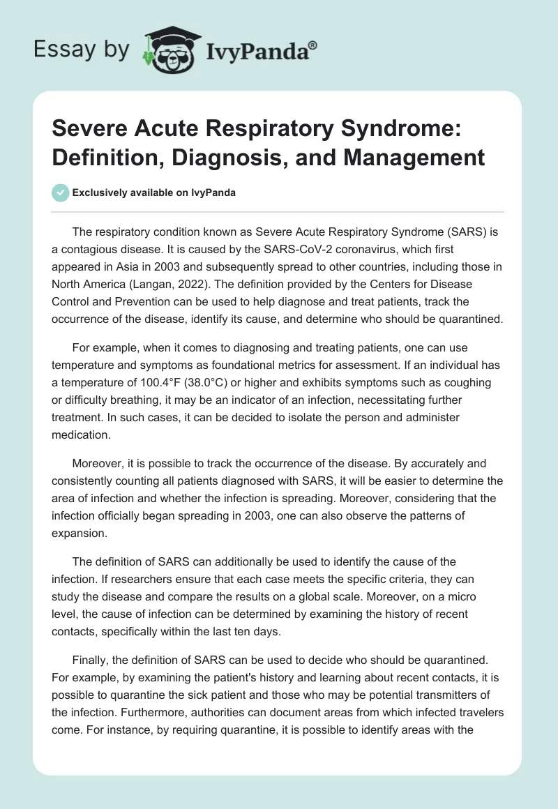 Severe Acute Respiratory Syndrome: Definition, Diagnosis, and Management. Page 1