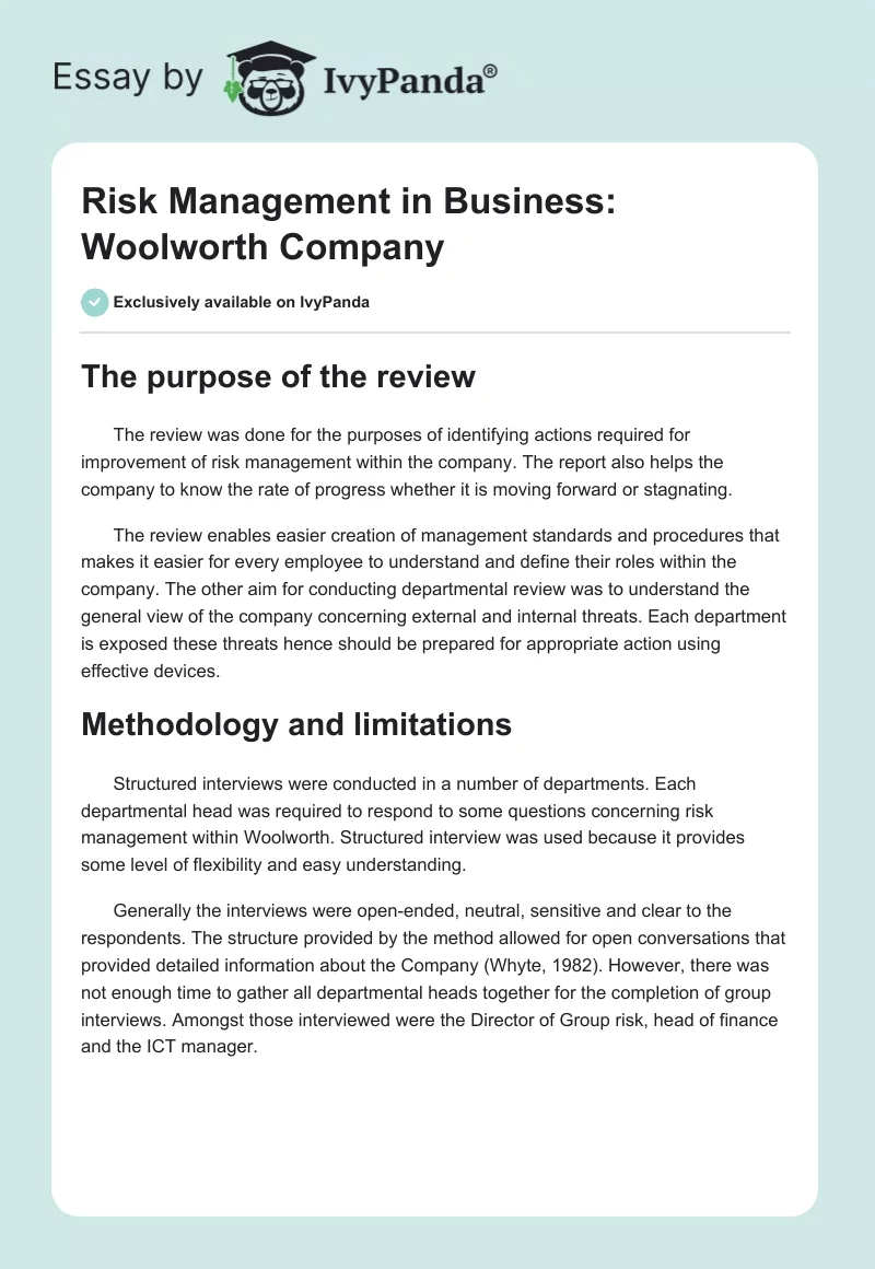 Risk Management in Business: Woolworth Company. Page 1