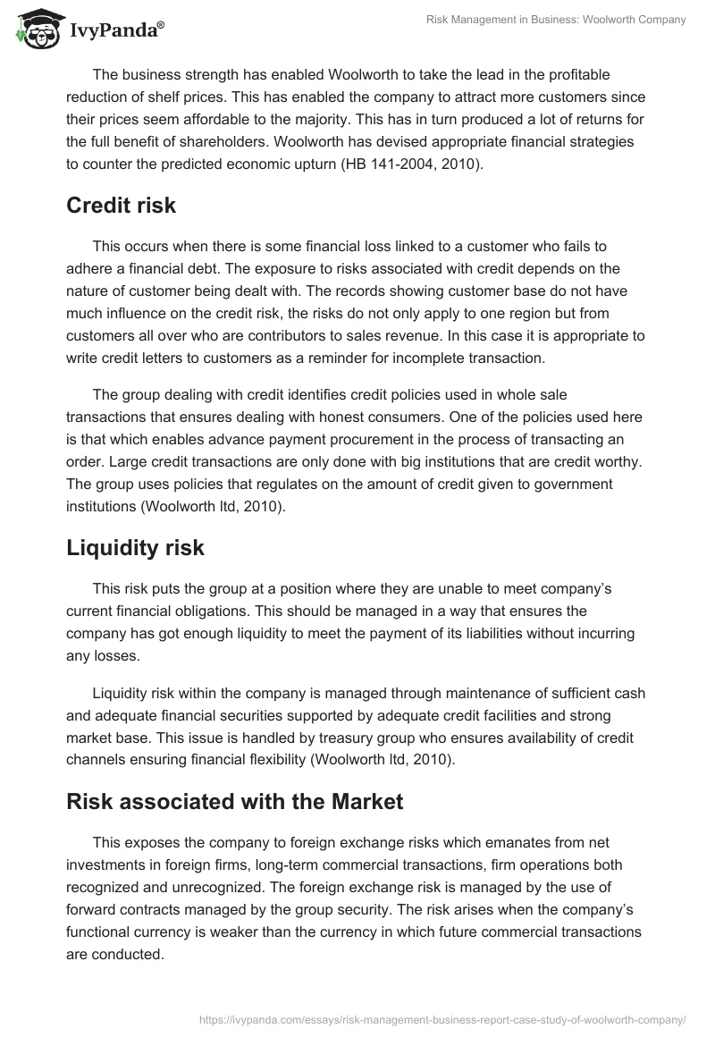 Risk Management in Business: Woolworth Company. Page 4