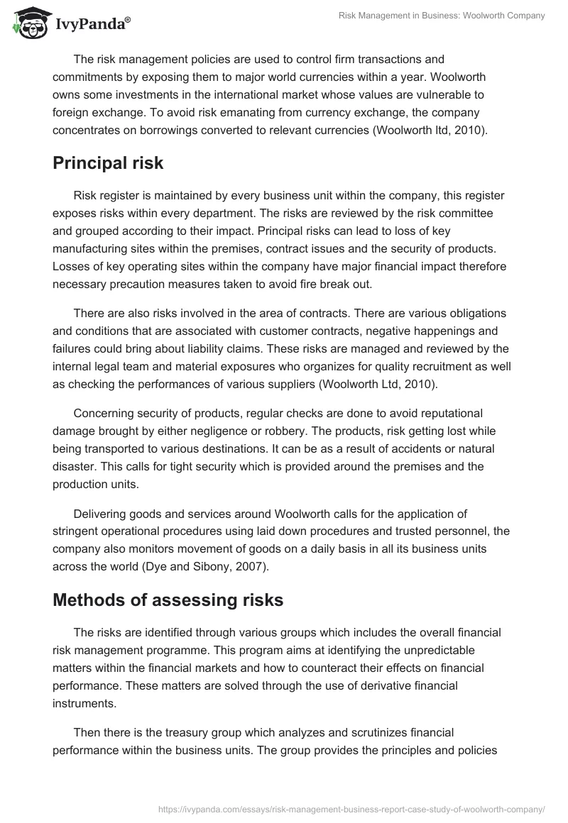 Risk Management in Business: Woolworth Company. Page 5
