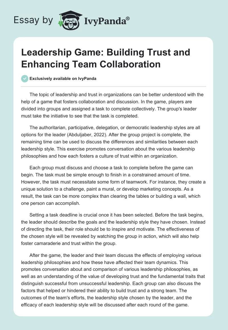 Leadership Game: Building Trust and Enhancing Team Collaboration. Page 1