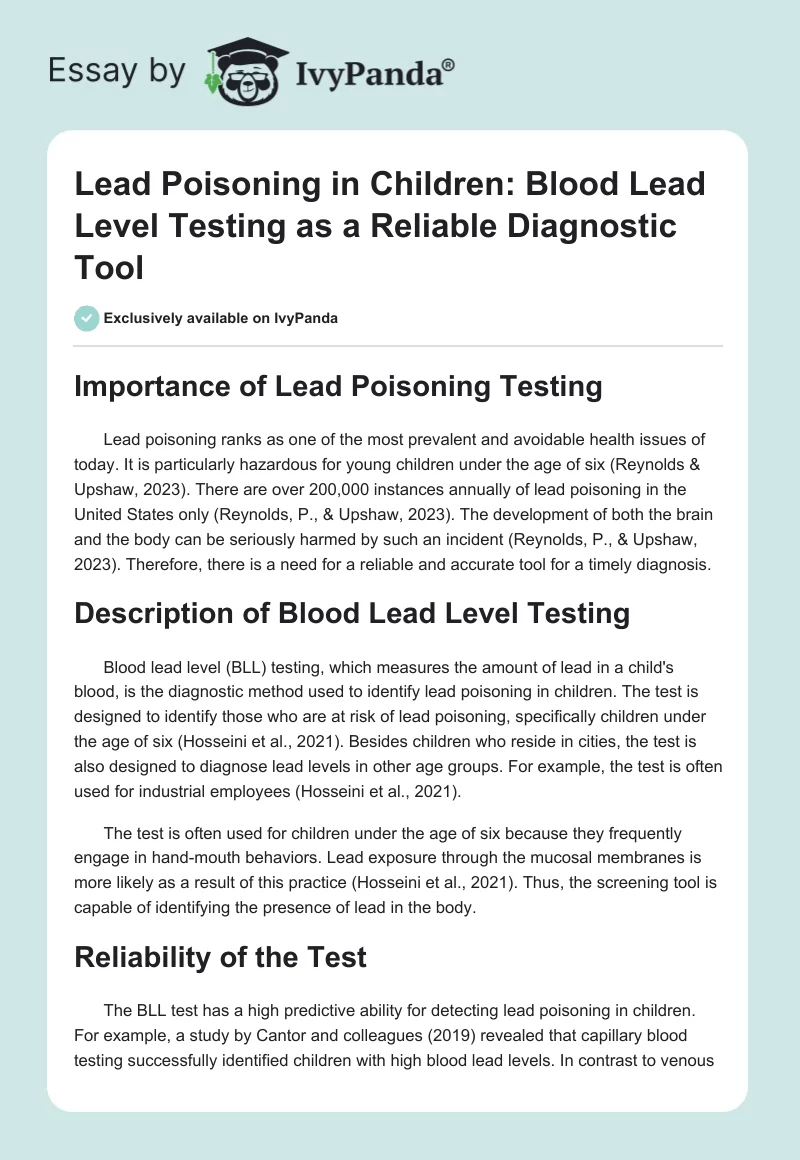 Lead Poisoning in Children: Blood Lead Level Testing as a Reliable Diagnostic Tool. Page 1