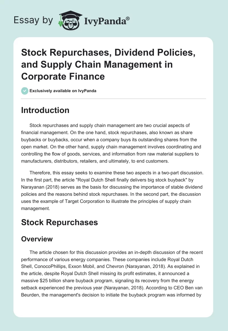 Stock Repurchases, Dividend Policies, and Supply Chain Management in Corporate Finance. Page 1