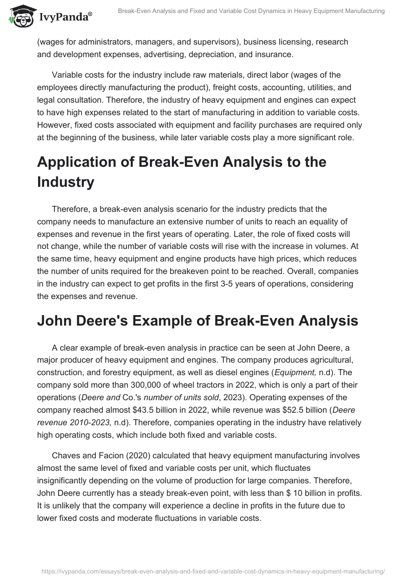 Break-Even Analysis and Fixed and Variable Cost Dynamics in Heavy Equipment Manufacturing. Page 2