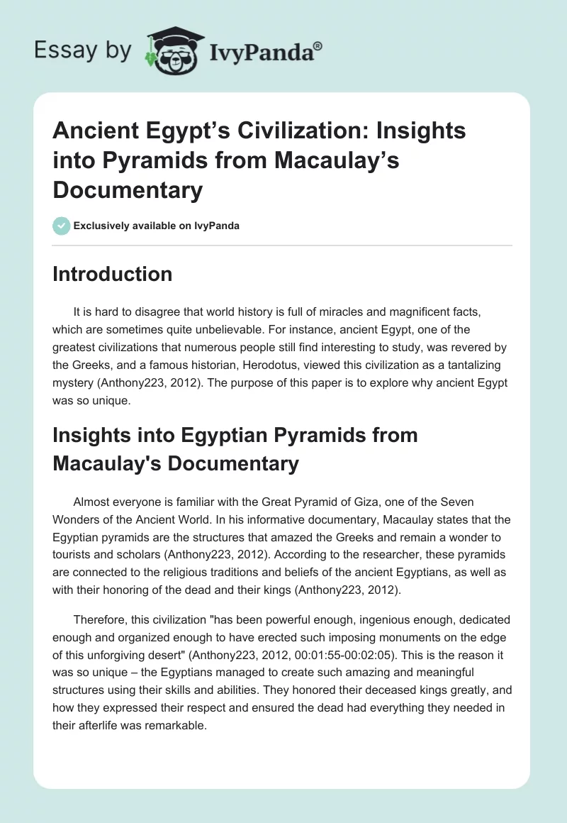 Ancient Egypt’s Civilization: Insights into Pyramids from Macaulay’s Documentary. Page 1