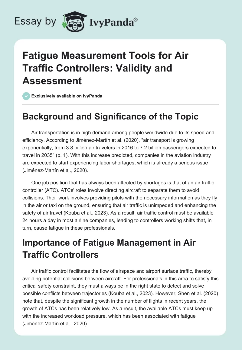 Fatigue Measurement Tools for Air Traffic Controllers: Validity and Assessment. Page 1