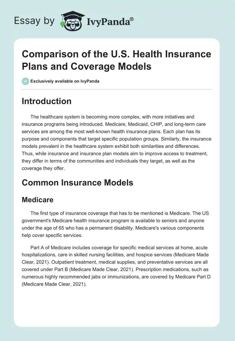 Comparison of the U.S. Health Insurance Plans and Coverage Models. Page 1