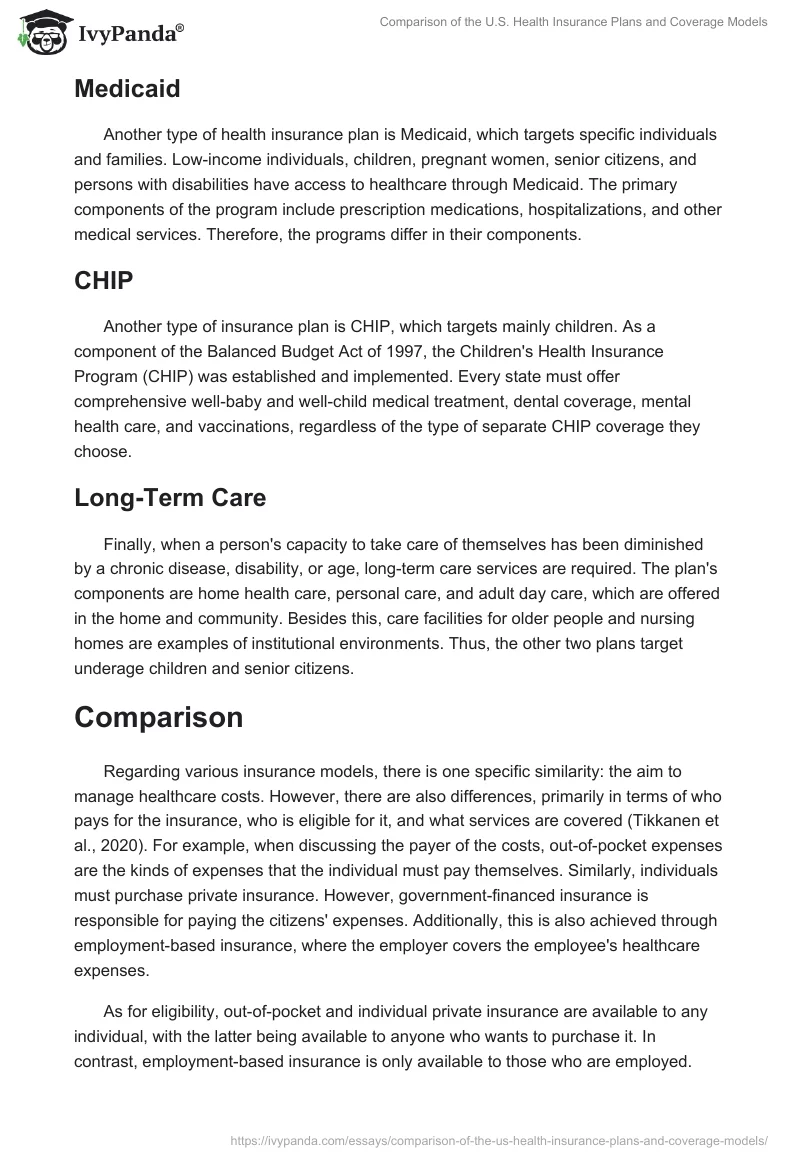 Comparison of the U.S. Health Insurance Plans and Coverage Models. Page 2