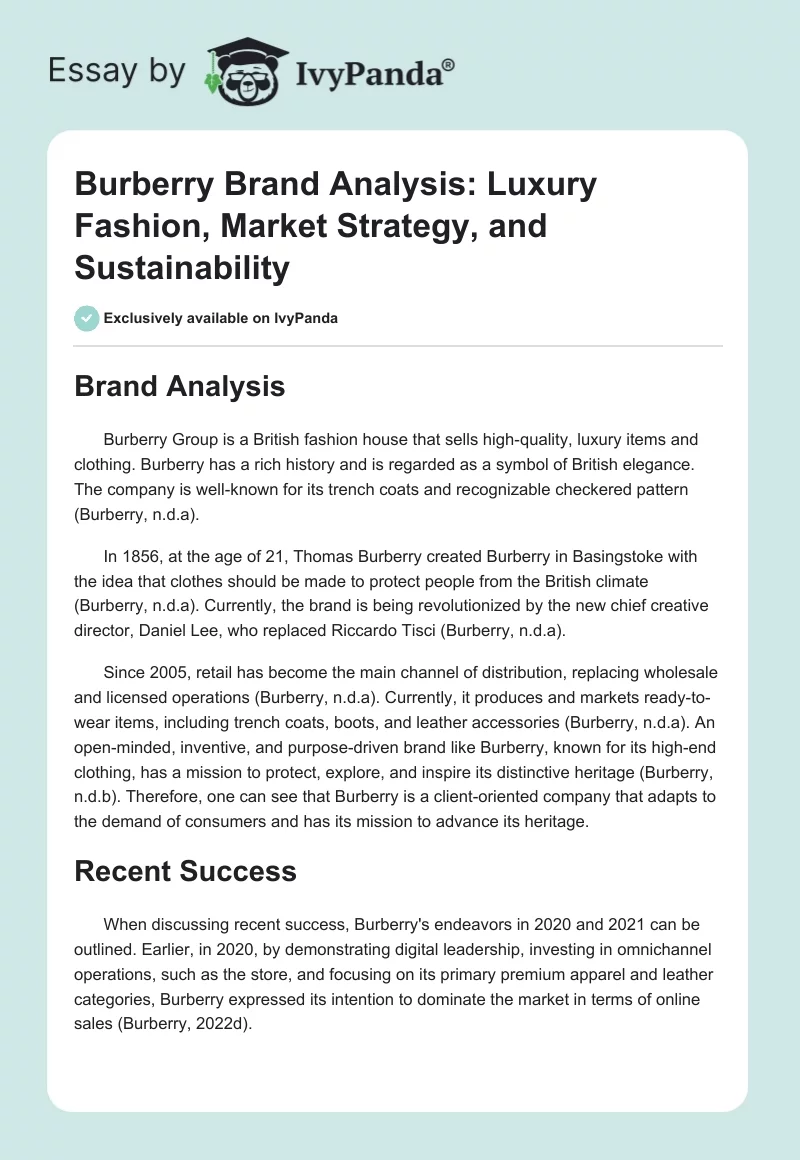 Burberry Brand Analysis: Luxury Fashion, Market Strategy, and Sustainability. Page 1