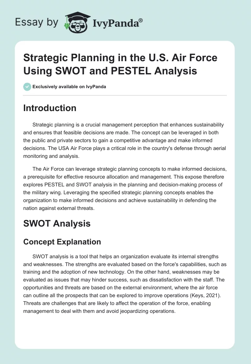 Strategic Planning in the U.S. Air Force Using SWOT and PESTEL Analysis. Page 1