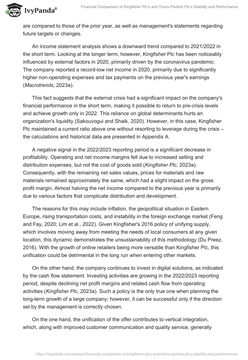 Financial Comparison of Kingfisher Plc’s and Travis Perkins Plc’s Stability and Performance. Page 2