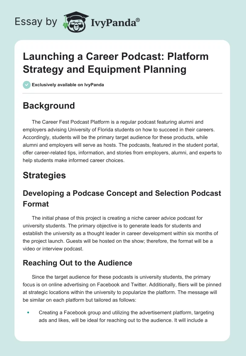 Launching a Career Podcast: Platform Strategy and Equipment Planning. Page 1