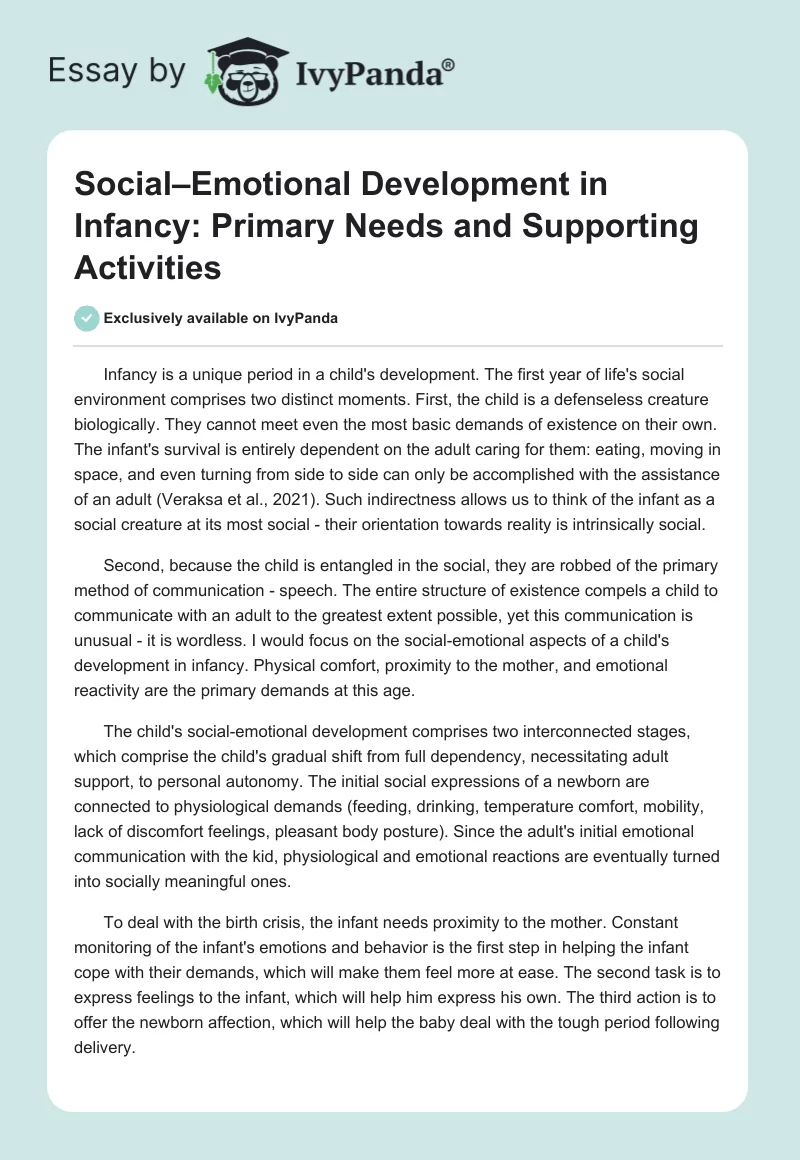 Social–Emotional Development in Infancy: Primary Needs and Supporting Activities. Page 1