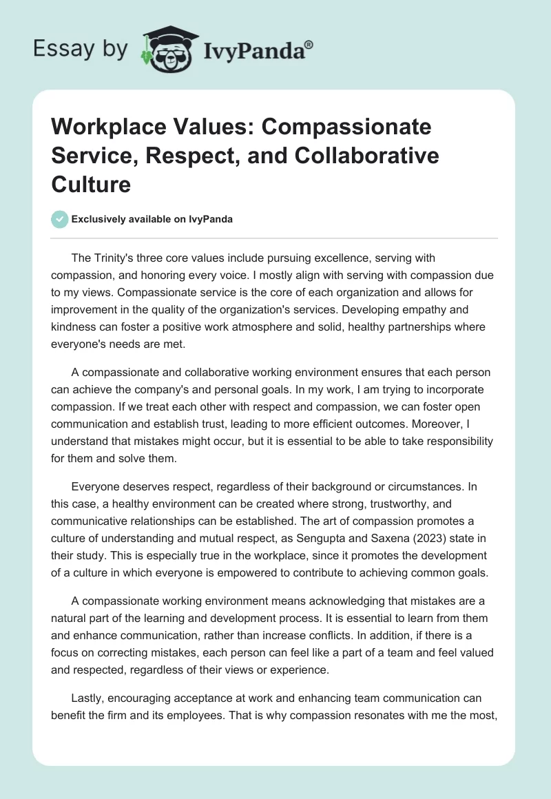 Workplace Values: Compassionate Service, Respect, and Collaborative Culture. Page 1