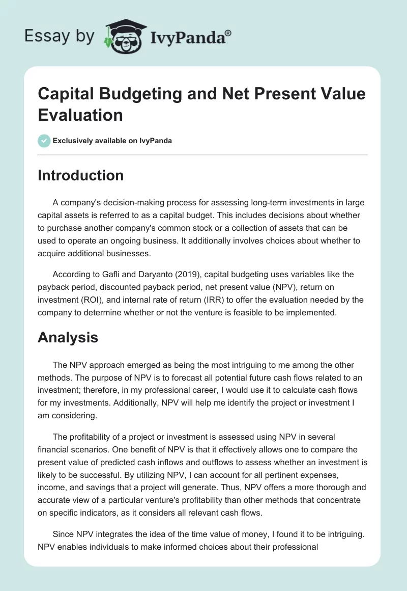 Capital Budgeting and Net Present Value Evaluation. Page 1