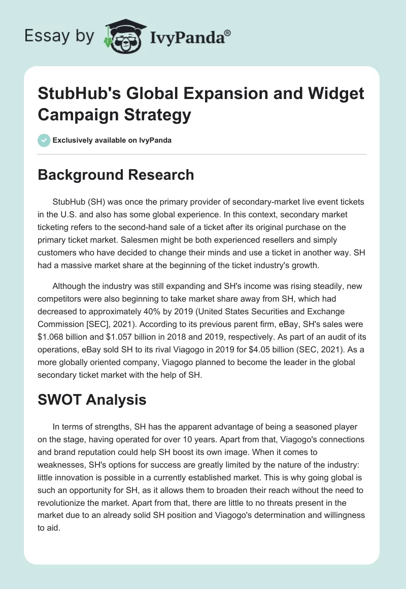 StubHub's Global Expansion and Widget Campaign Strategy. Page 1