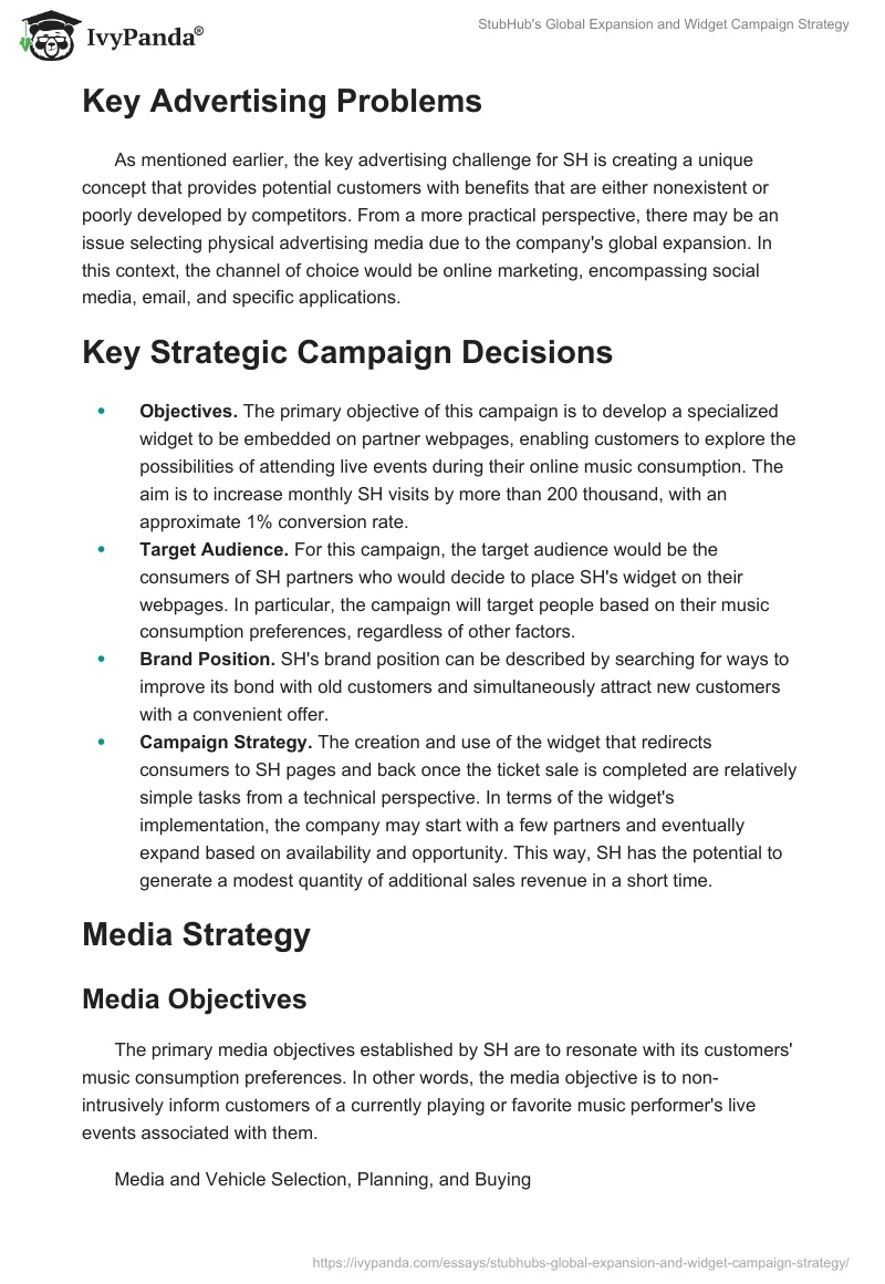 StubHub's Global Expansion and Widget Campaign Strategy. Page 2