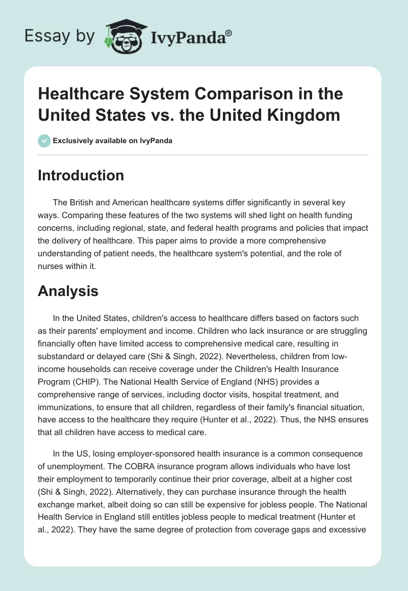 Healthcare System Comparison in the United States vs. the United Kingdom. Page 1