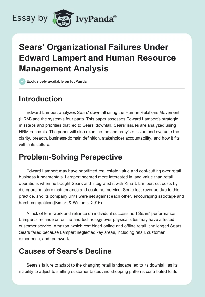 Sears’ Organizational Failures Under Edward Lampert and Human Resource Management Analysis. Page 1