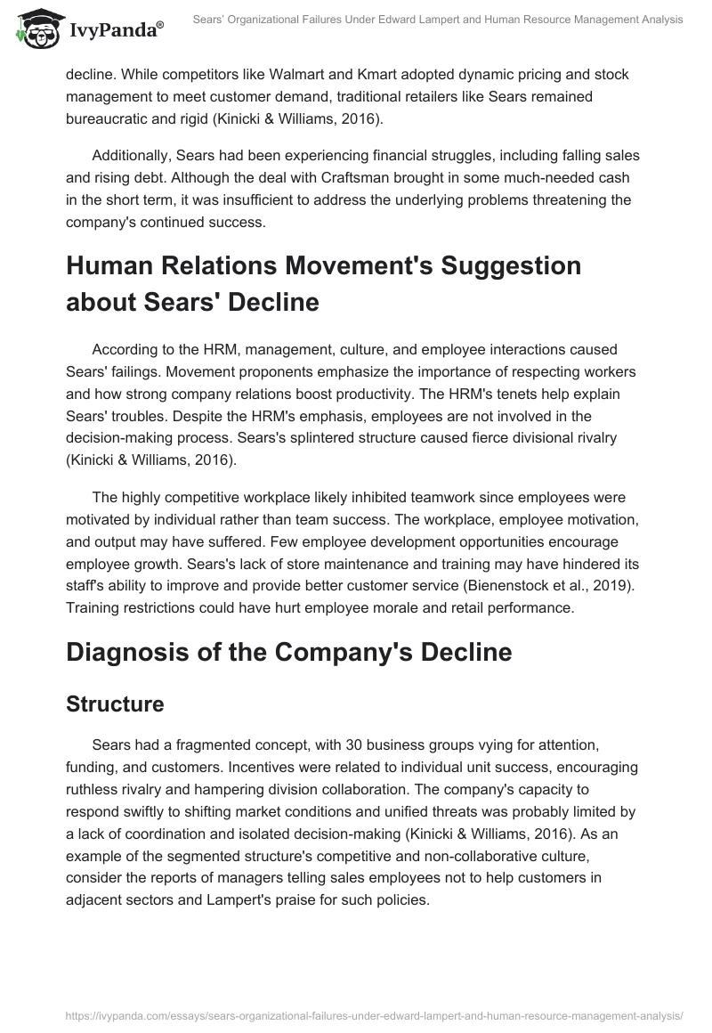 Sears’ Organizational Failures Under Edward Lampert and Human Resource Management Analysis. Page 2