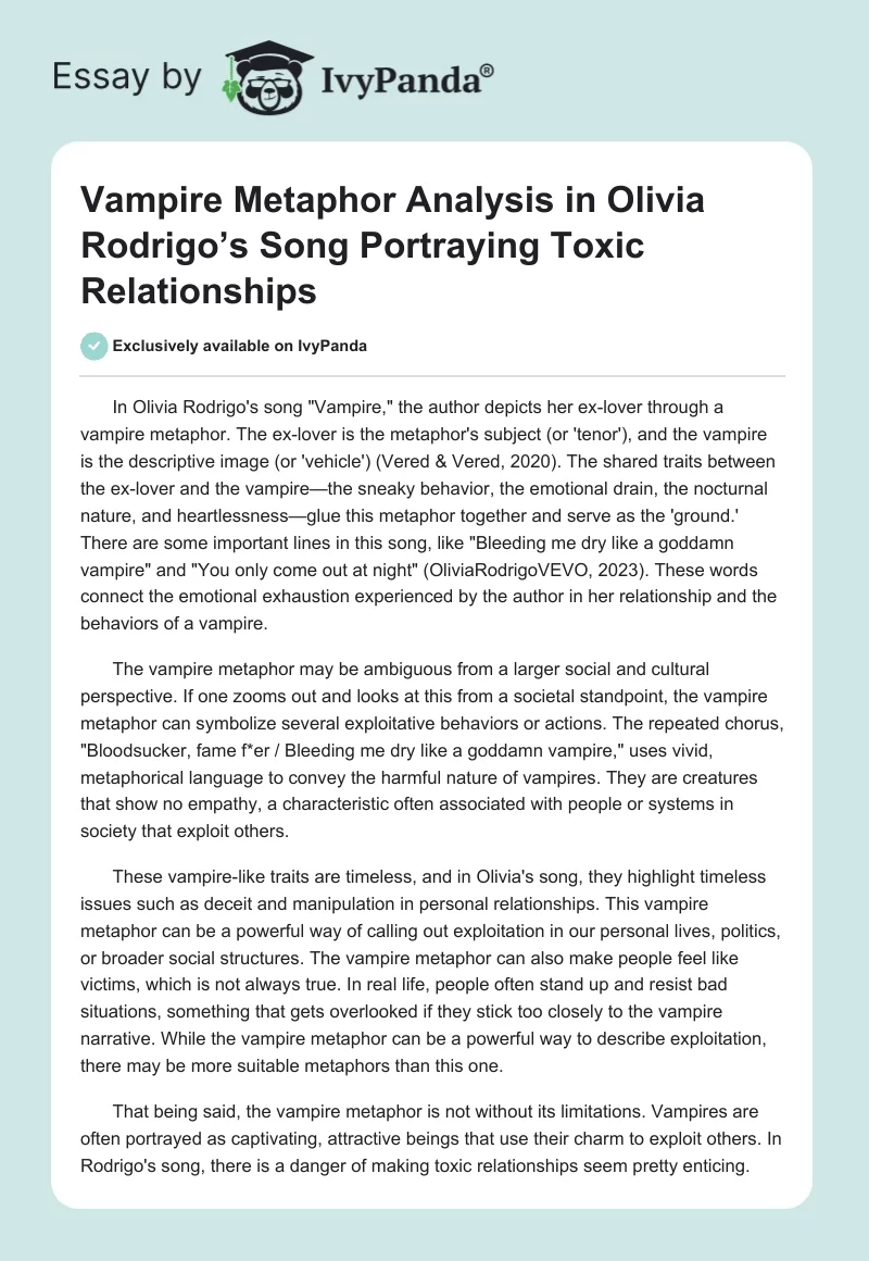 Vampire Metaphor Analysis in Olivia Rodrigo’s Song Portraying Toxic Relationships. Page 1