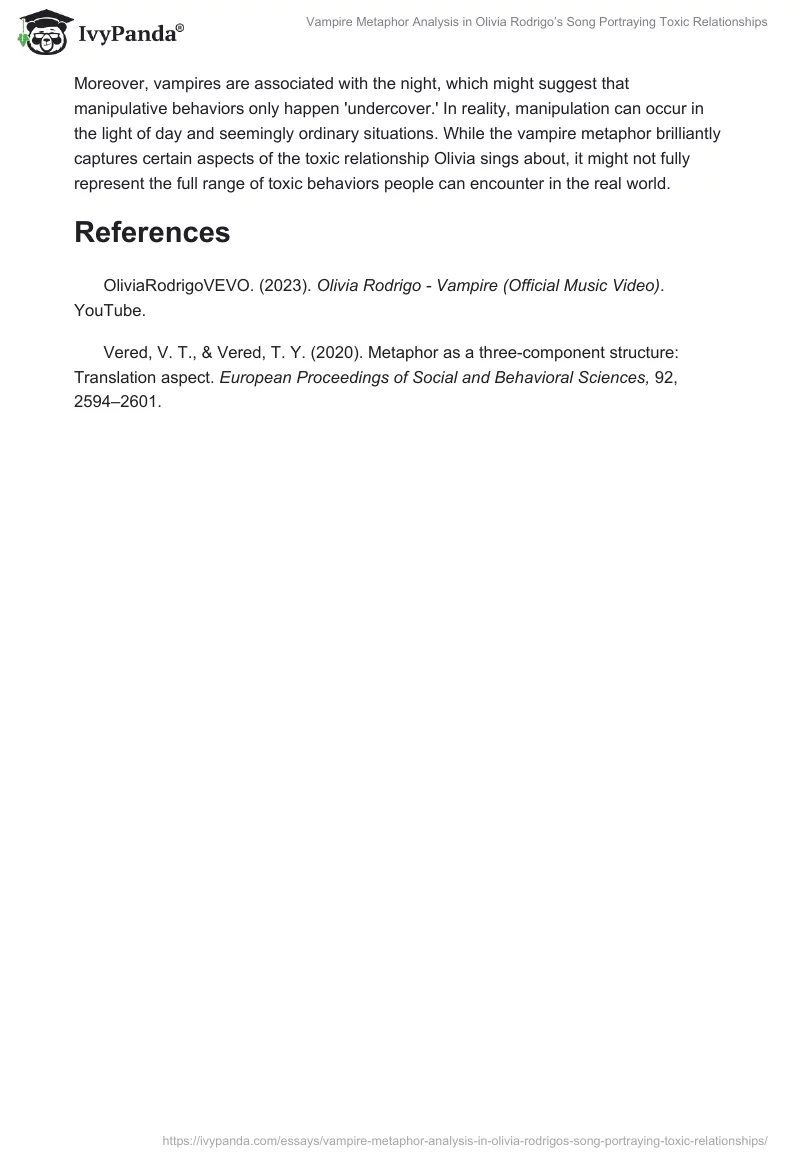Vampire Metaphor Analysis in Olivia Rodrigo’s Song Portraying Toxic Relationships. Page 2