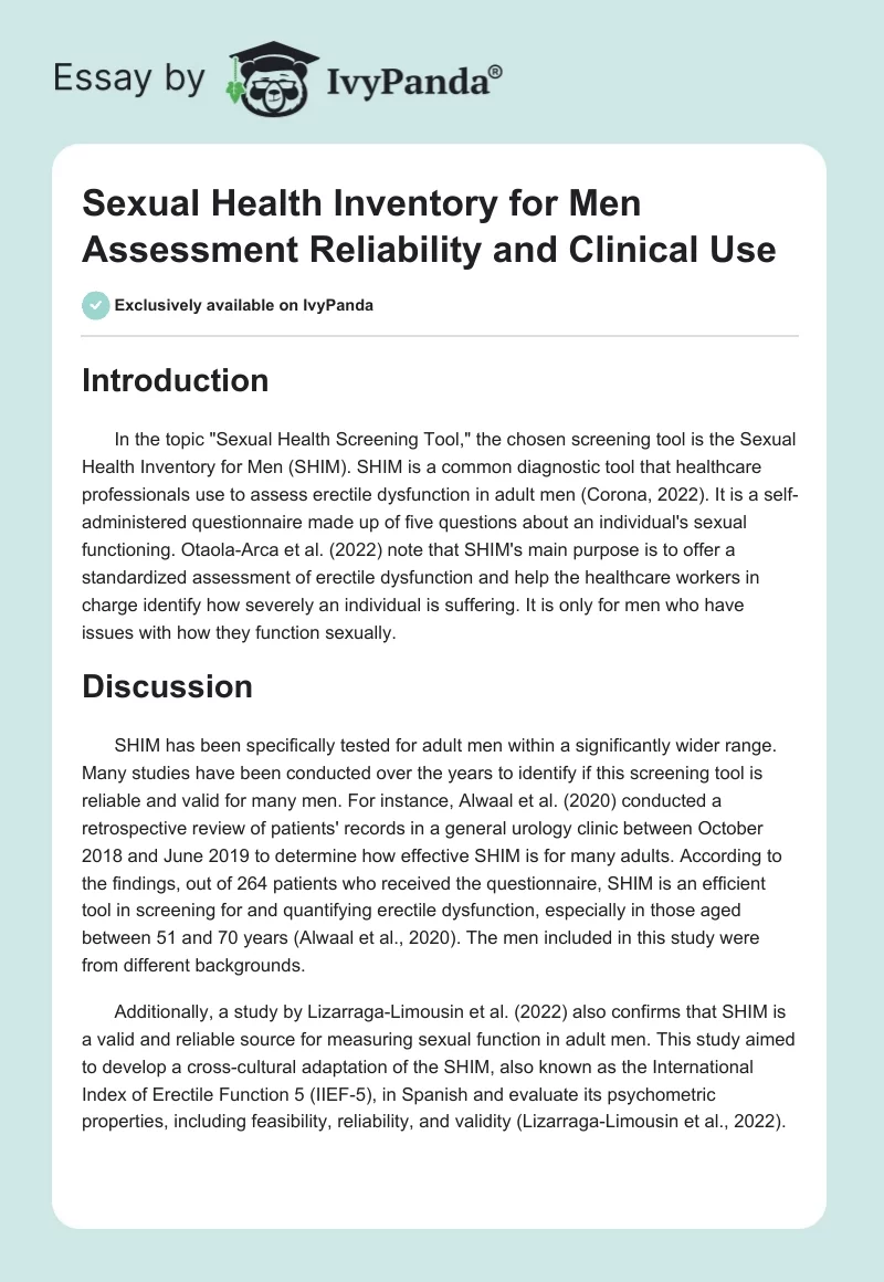 Sexual Health Inventory for Men Assessment Reliability and Clinical Use. Page 1