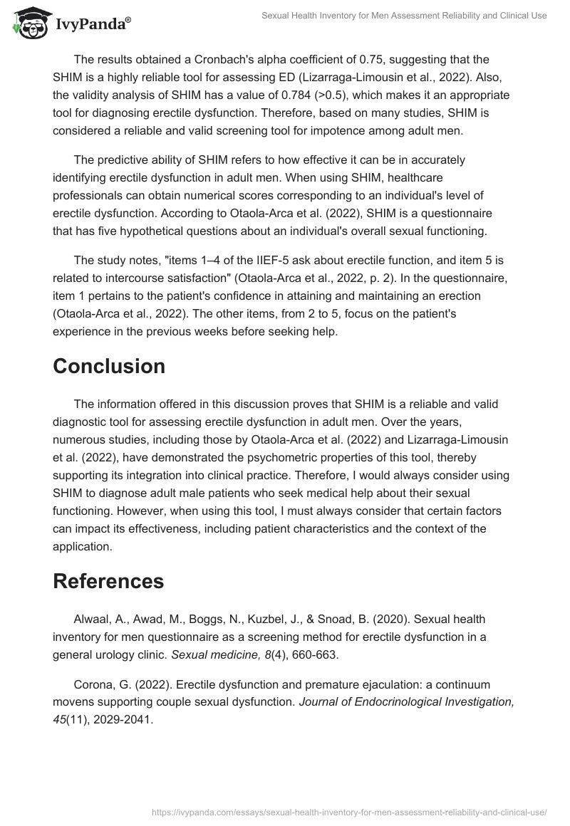 Sexual Health Inventory for Men Assessment Reliability and Clinical Use. Page 2