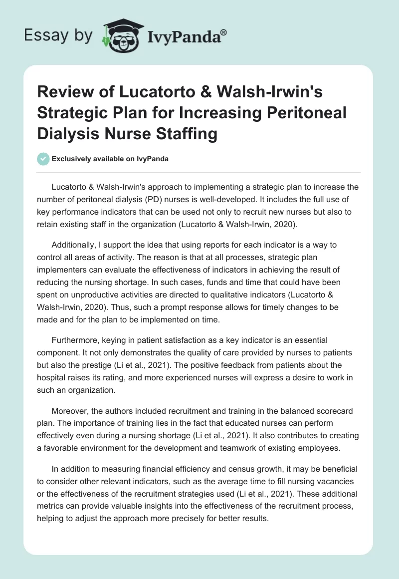 Review of Lucatorto & Walsh-Irwin's Strategic Plan for Increasing Peritoneal Dialysis Nurse Staffing. Page 1