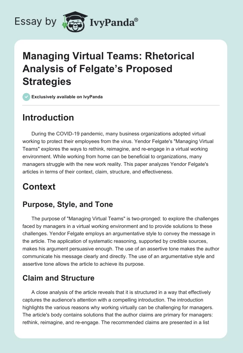Managing Virtual Teams: Rhetorical Analysis of Felgate’s Proposed Strategies. Page 1