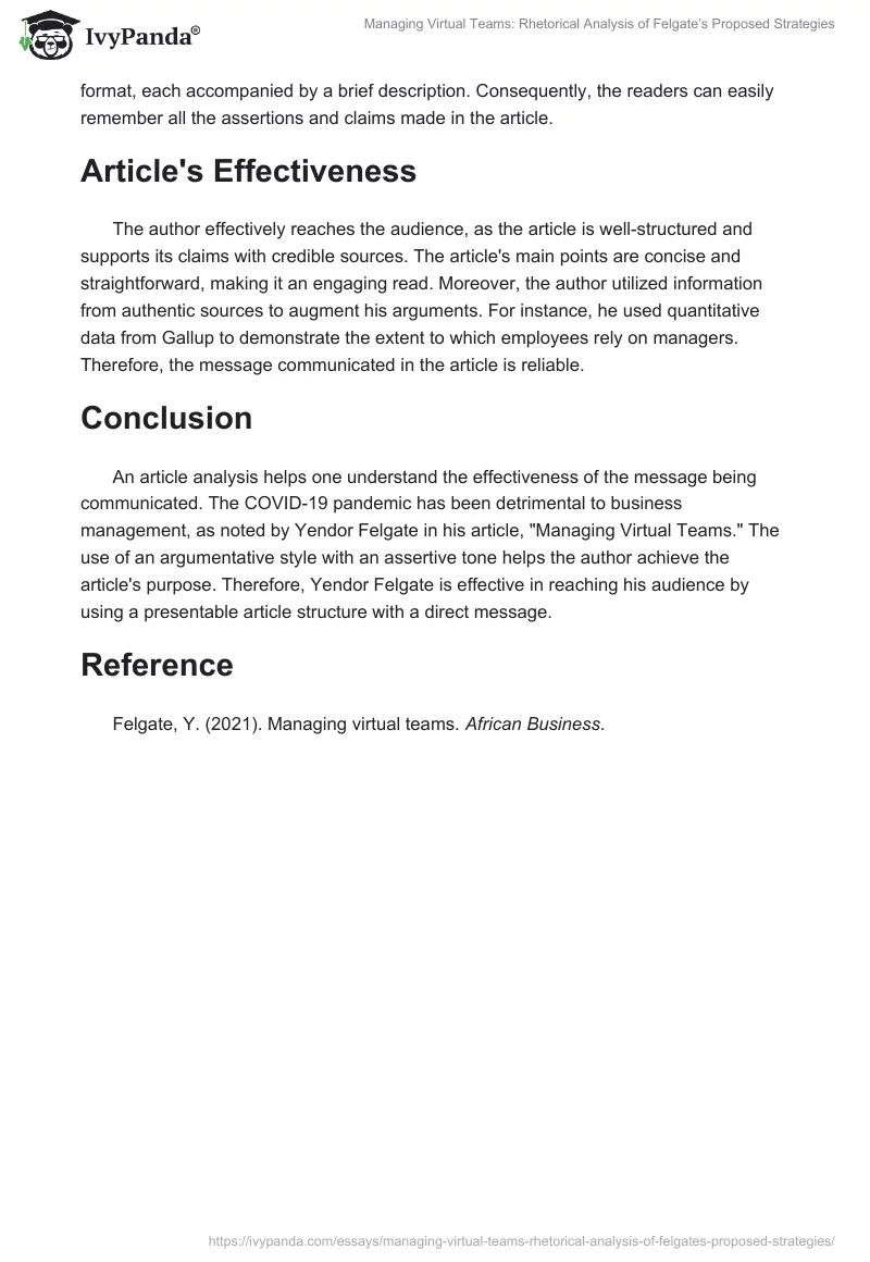 Managing Virtual Teams: Rhetorical Analysis of Felgate’s Proposed Strategies. Page 2